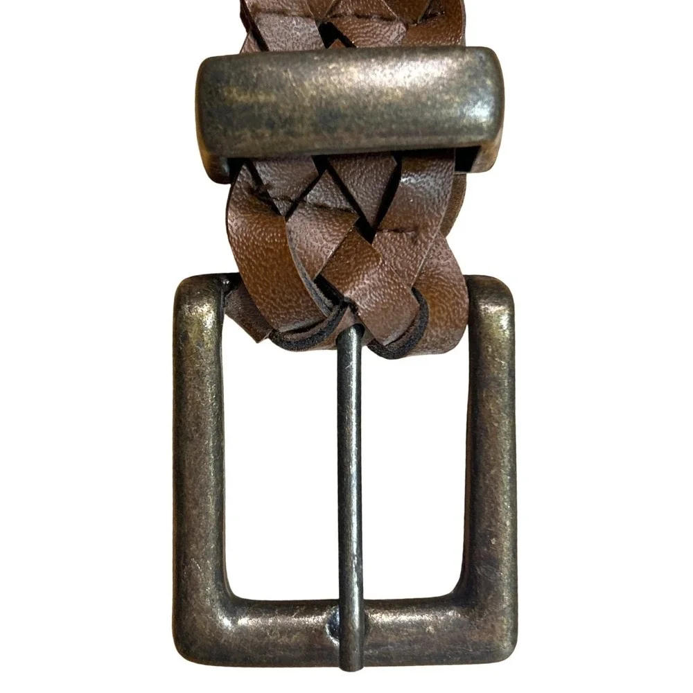 Western Braided Woven Brown Leather Belt Antiqued Brass Buckle Up to Size 30